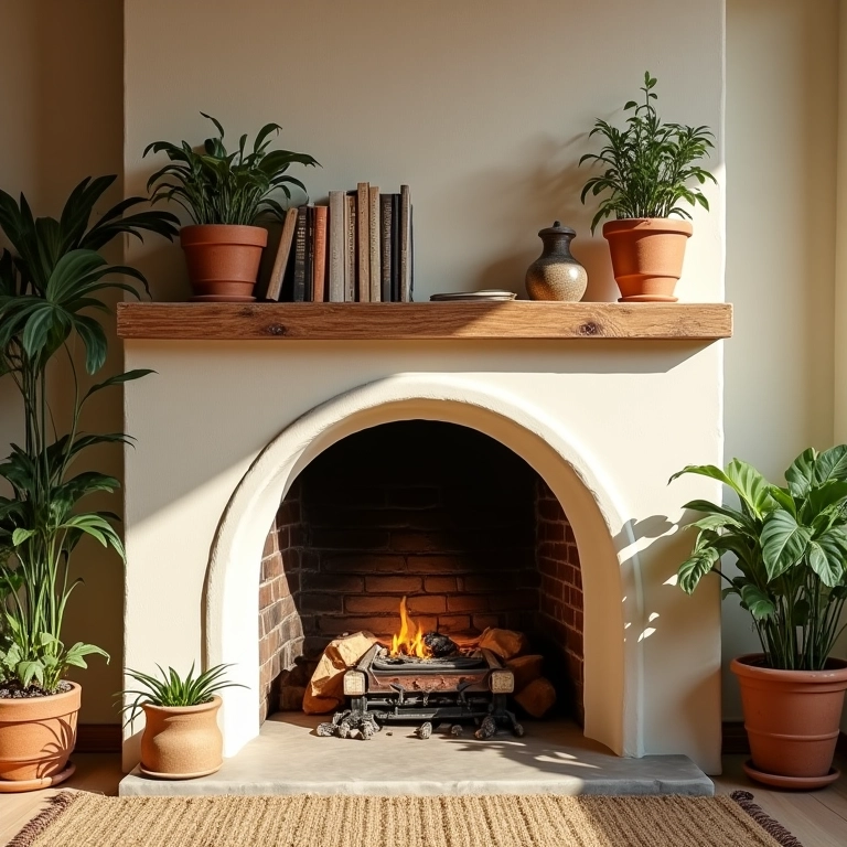 Lareira decorada com livros, plantas e prateleira de madeira rústica.