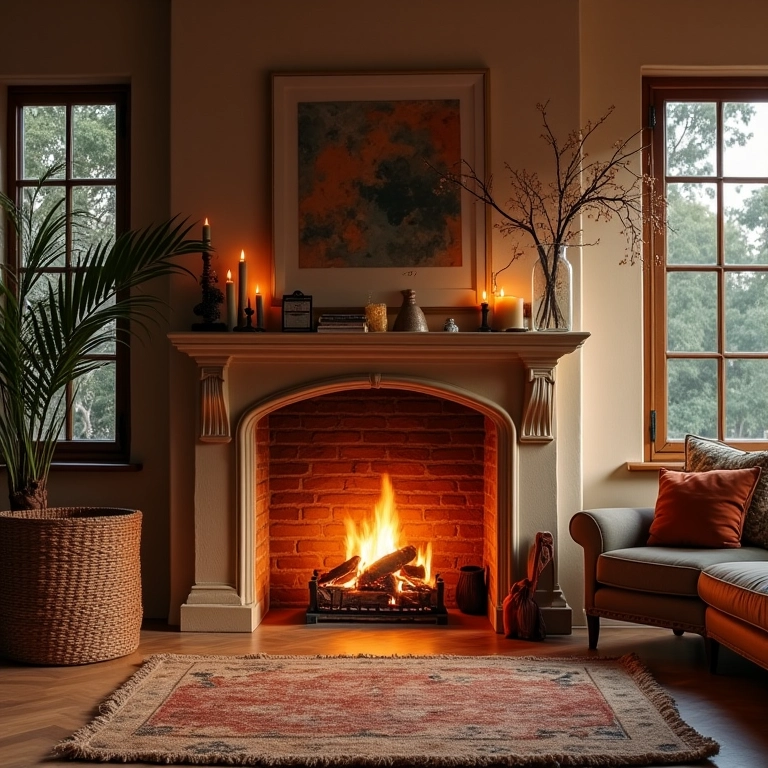 Lareira decorada para o inverno em sala aconchegante com decoração brasileira.