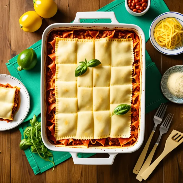 Lasanha colorida em travessa, pronta para servir em cozinha vibrante.