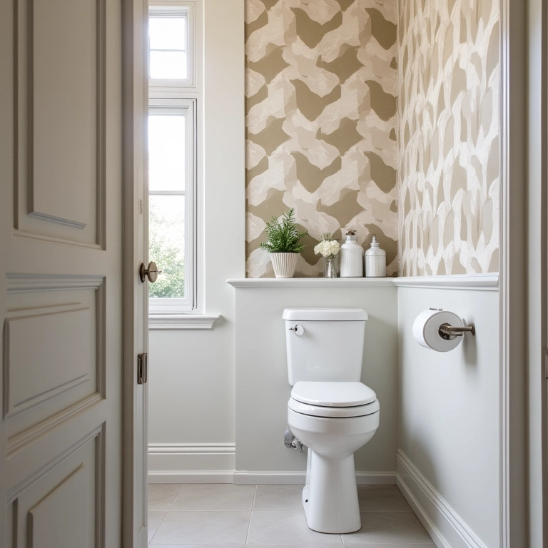 Lavabo moderno com papel de parede geométrico e toque divertido.