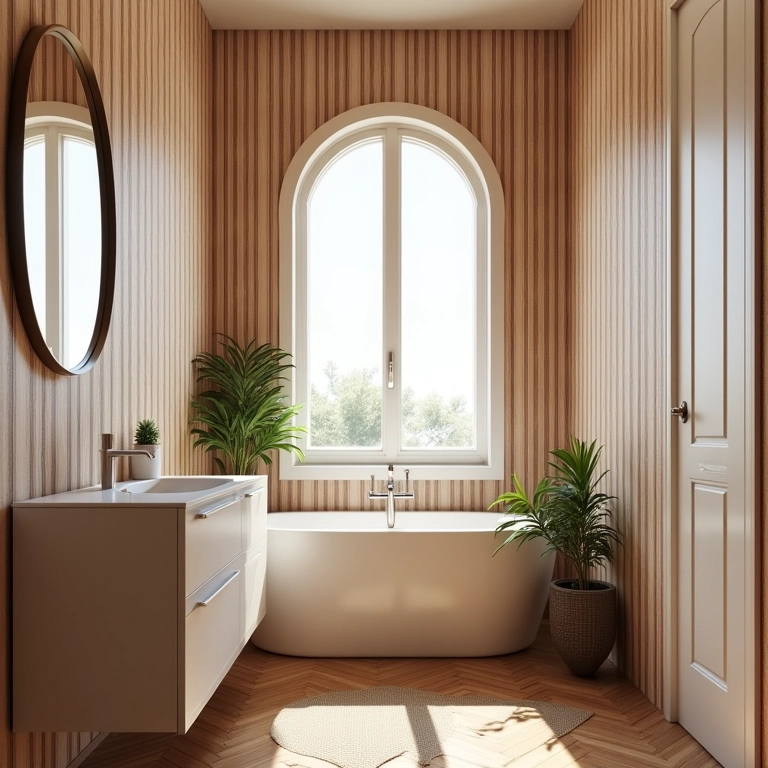 Lavabo pequeno com papel de parede listrado vertical, alongando o ambiente.