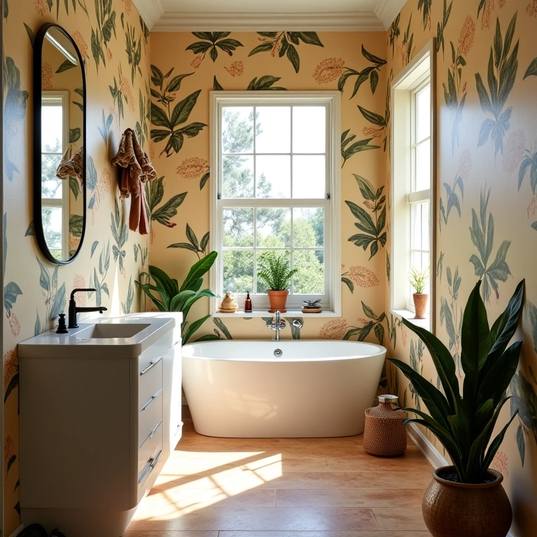 Lavabo pequeno decorado com papel de parede vibrante em estilo Farm Rio.