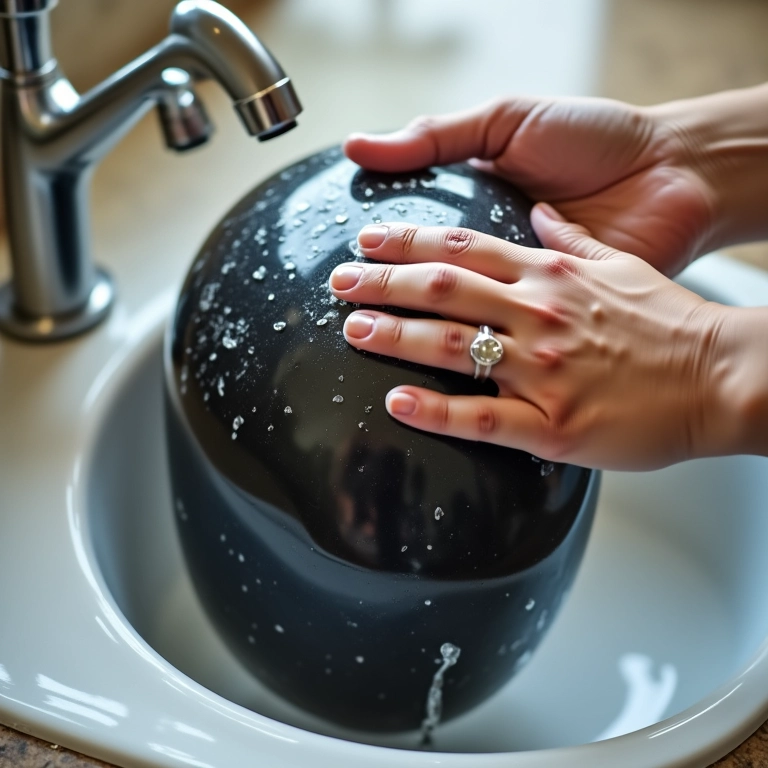 Lavando o forro do capacete à mão com cuidado.