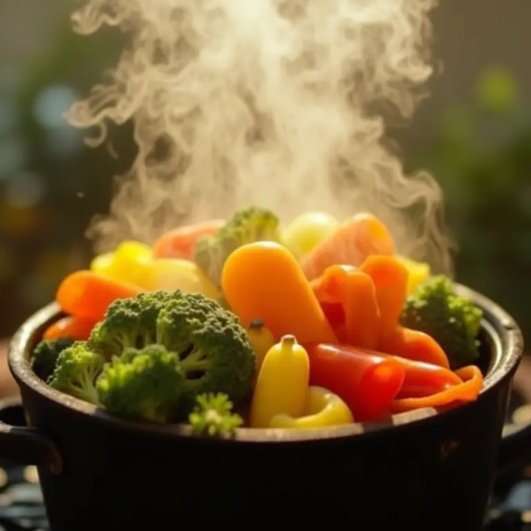 Legumes coloridos sendo cozidos a vapor em uma panela, preservando seus nutrientes.