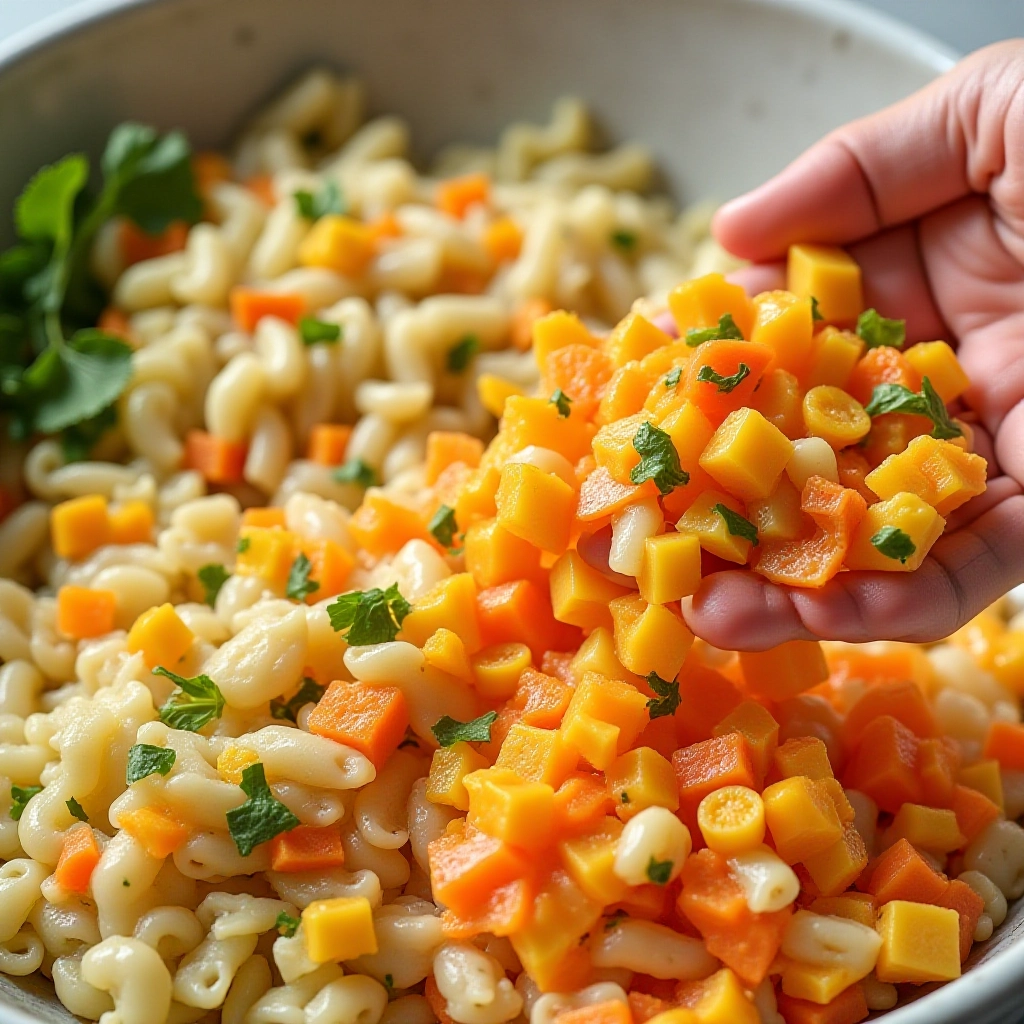 Legumes congelados picados sendo misturados em diferentes pratos.