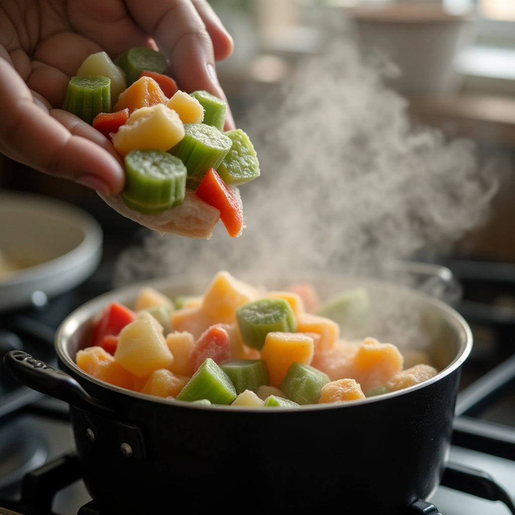 Legumes congelados sendo adicionados a uma panela no fogão.