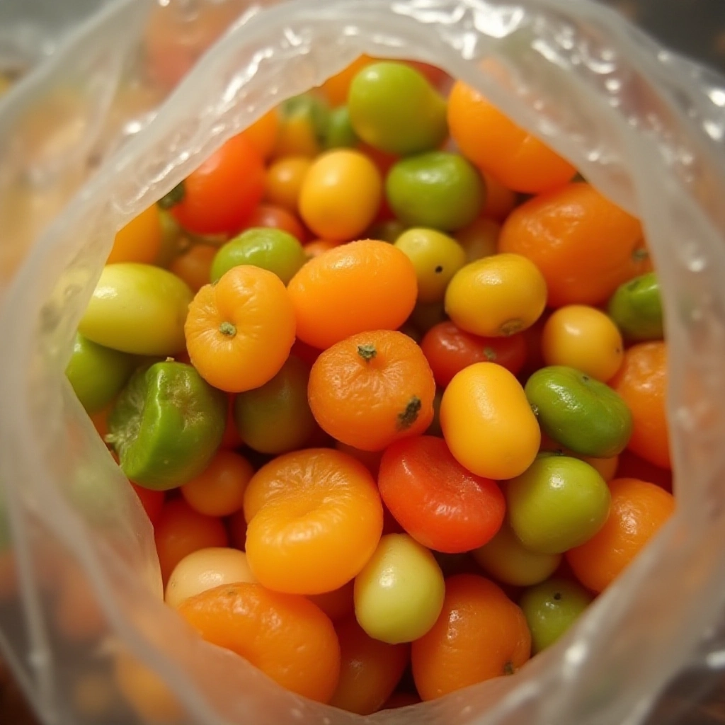 Legumes e verduras congelados em um saco transparente, mostrando a textura e os detalhes.