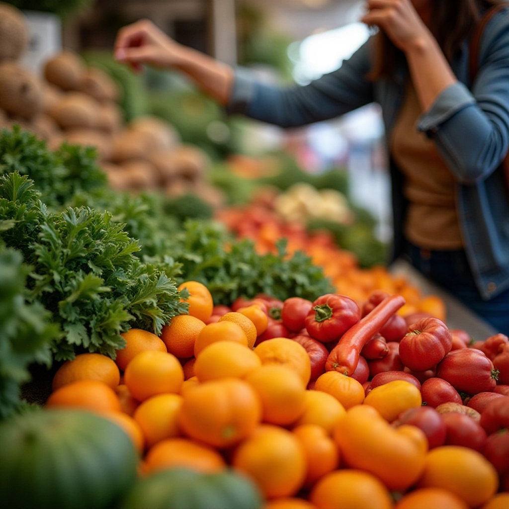 Legumes e verduras orgânicos expostos em uma banca de feira, com uma mulher escolhendo os produtos.