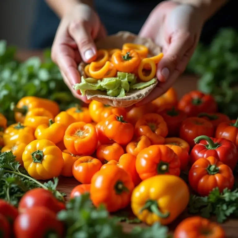 Legumes frescos sendo preparados para congelamento, com cores vibrantes e texturas detalhadas.