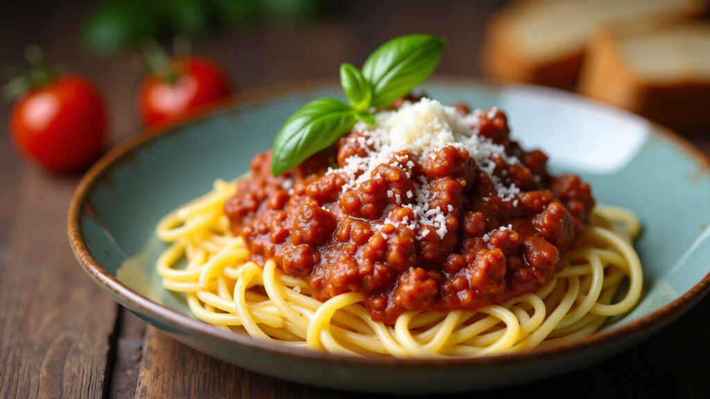 Lentil bolognese sauce over pasta, parmesan cheese, basil, rustic Italian setting, 8K quality, Lentilha à bolonhesa sobre espaguete.