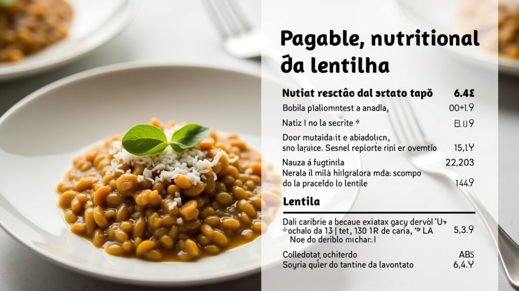 Lentil dish with nutritional information overlay, clean design, natural light, healthy eating Tabela nutricional da lentilha cozida.