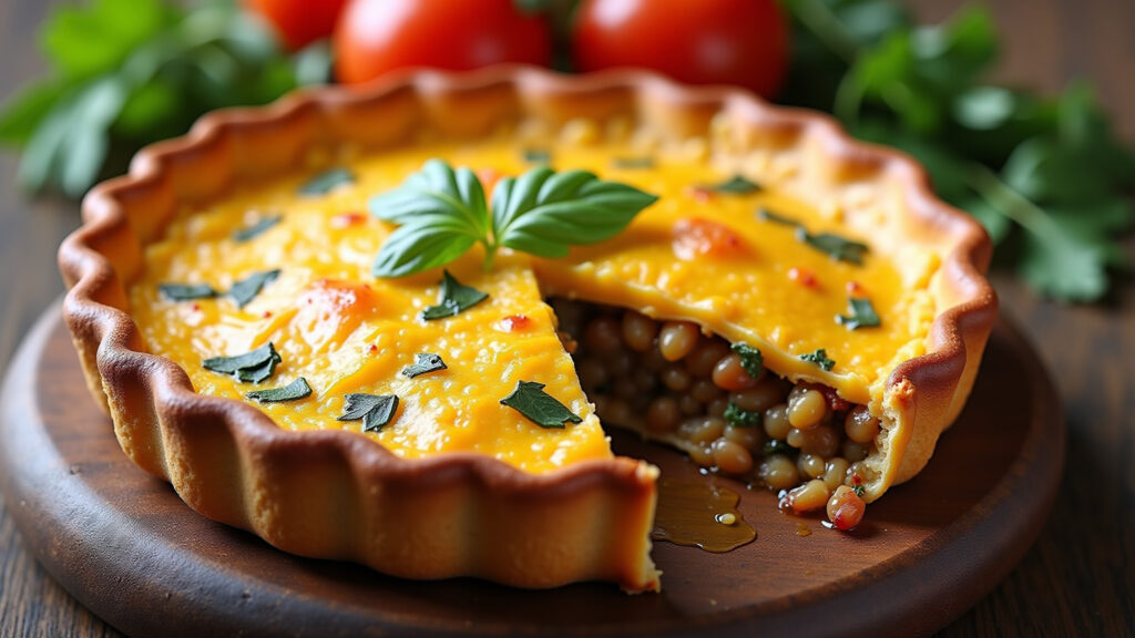 Lentil pie with vegetables, rustic crust, wooden table, natural light, 8K quality, sharp focus, Torta de lentilha com legumes.