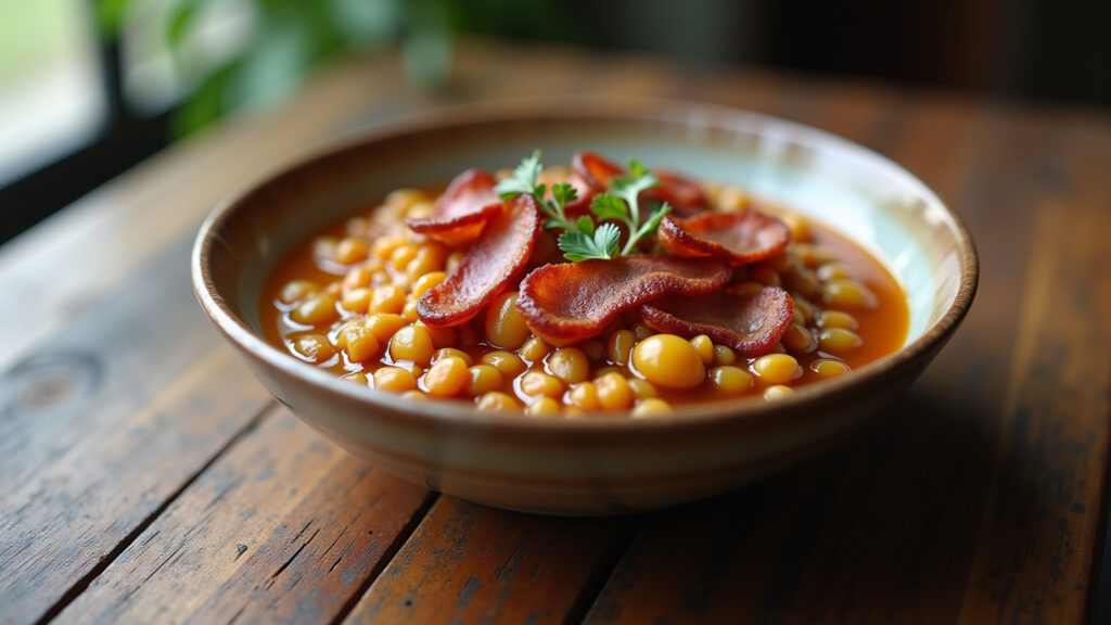 Lentil stew with crispy bacon, rustic bowl, wooden table, natural light, 8k, professional Lentilha com bacon na panela de pressão.