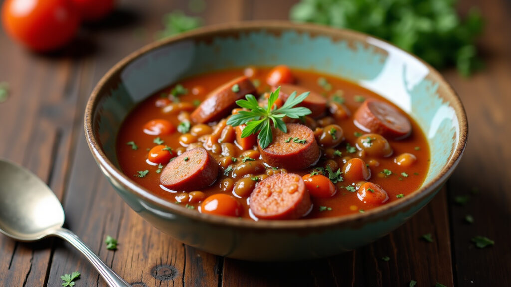 Lentil stew with Italian sausage, rustic bowl, herbs, natural light, 8k, professional photography, Lentilha com linguiça toscana.