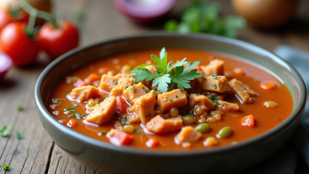 Lentil stew with shredded chicken, tomato, onion, cozy kitchen, natural light, 8k, professional Lentilha com frango na panela de pressão.