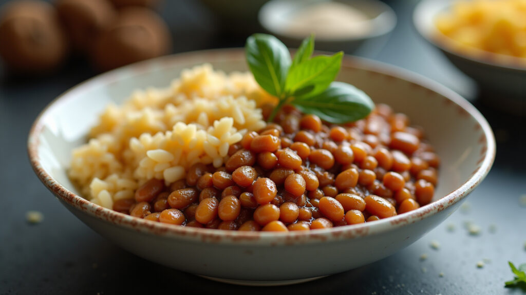 Lentils and rice in a bowl, Brazilian style, simple setting, natural light, 8K quality, sharp Arroz com lentilha, prato simples e nutritivo.