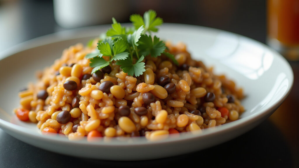 Lentils and rice served on a plate, Brazilian style, coriander, natural light, 8k, professional Lentilha com arroz, prato brasileiro.