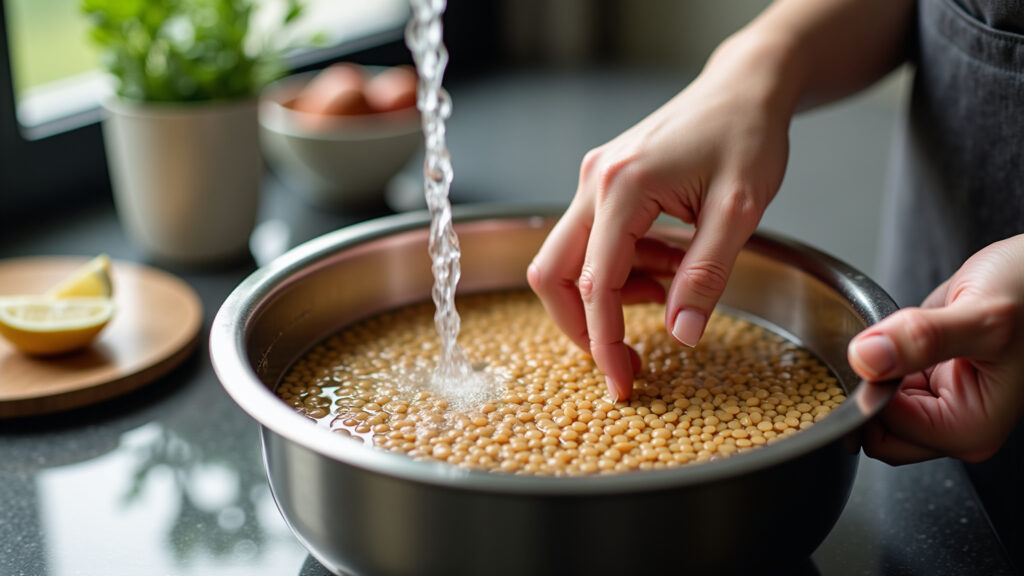 Lentils soaking in water, woman's hands rinsing lentils, kitchen setting, natural light, 8k, Lentilha sendo lavada antes do preparo.