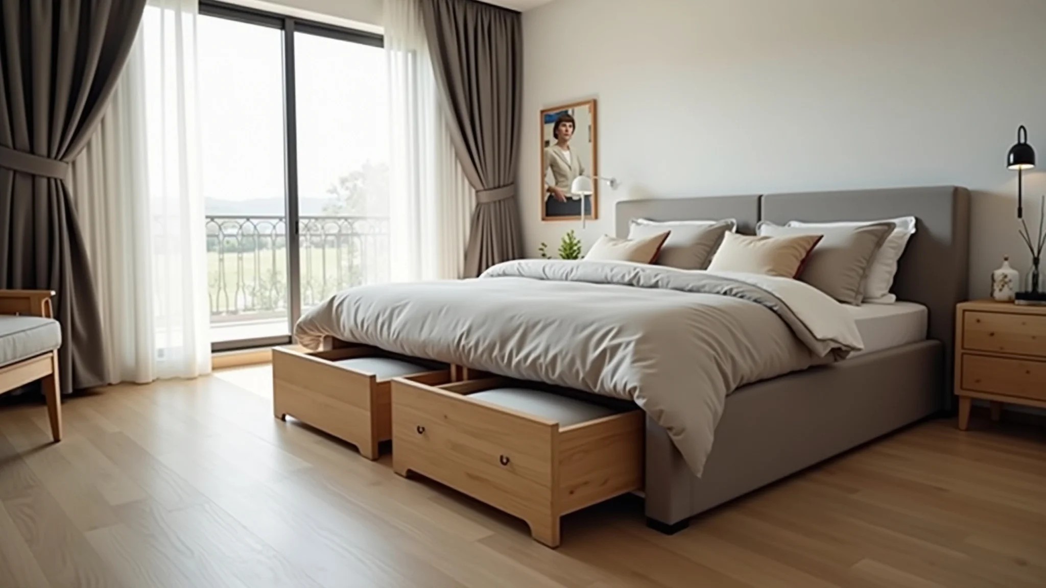 Cama box com baú otimizando espaço em quarto de casal pequeno.