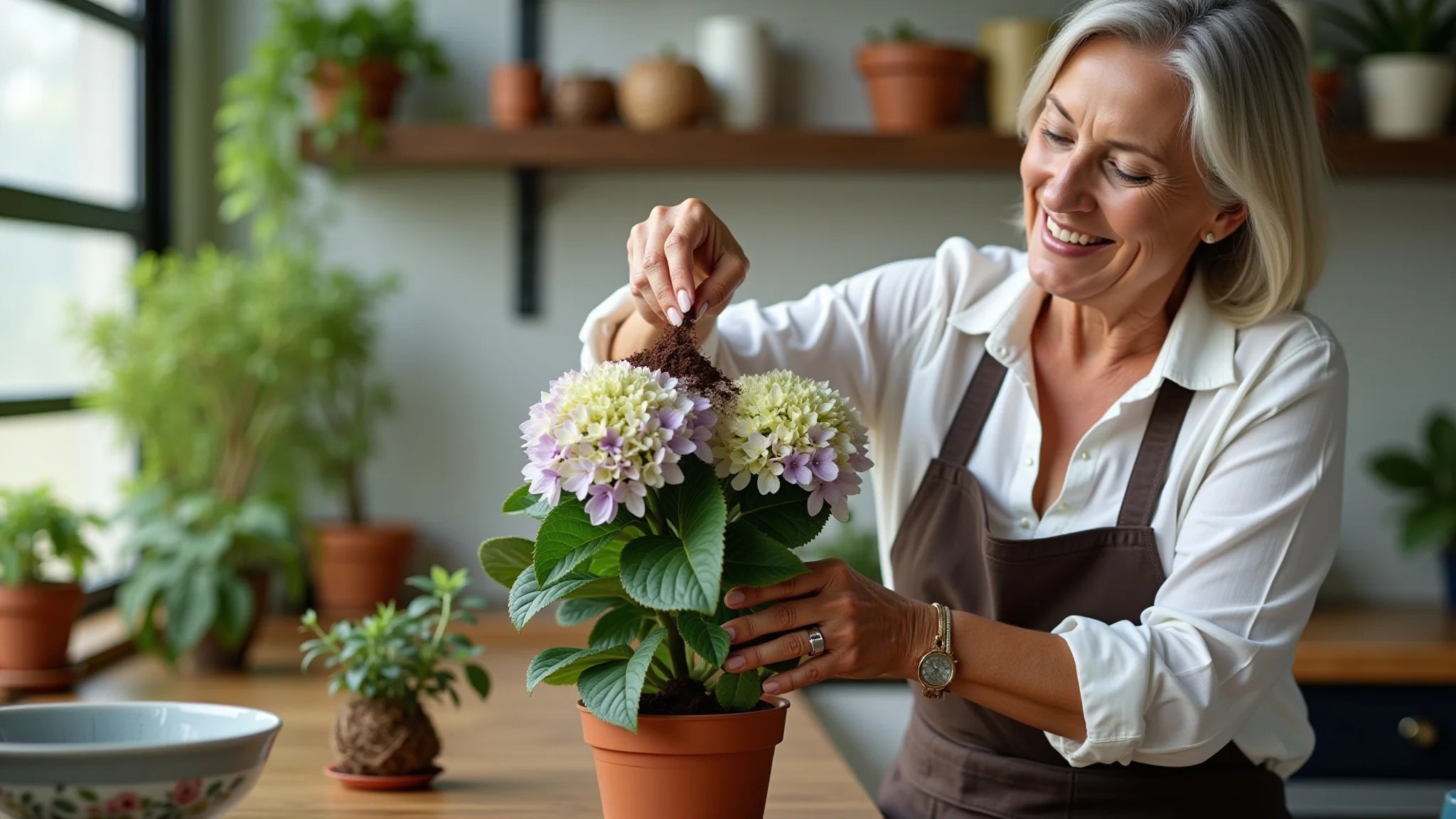 Mulher adubando hortênsia em vaso com borra de café em casa decorada no estilo Farm Rio.