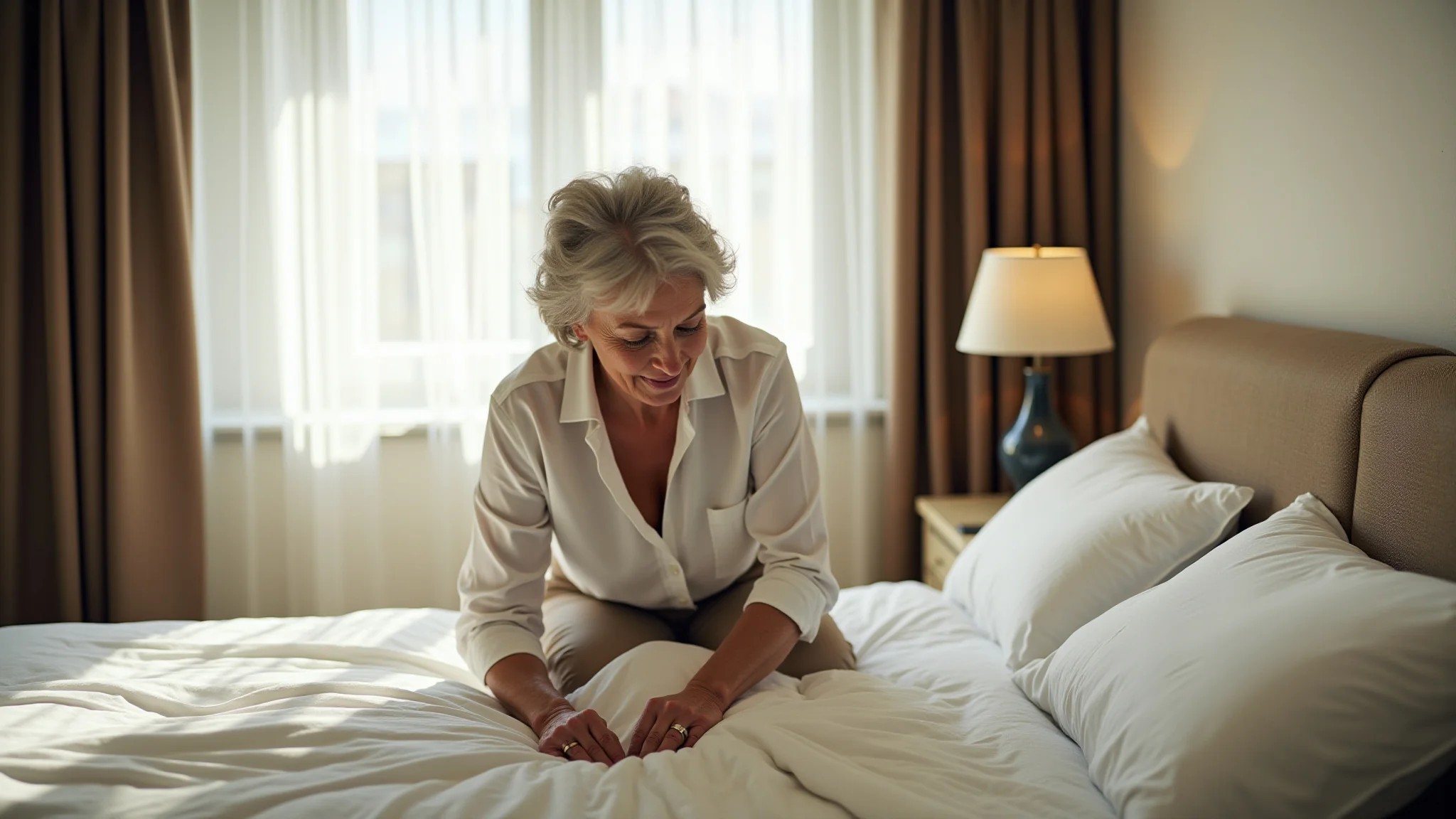 Mulher de meia-idade arrumando a cama no estilo hotel em quarto brasileiro aconchegante.