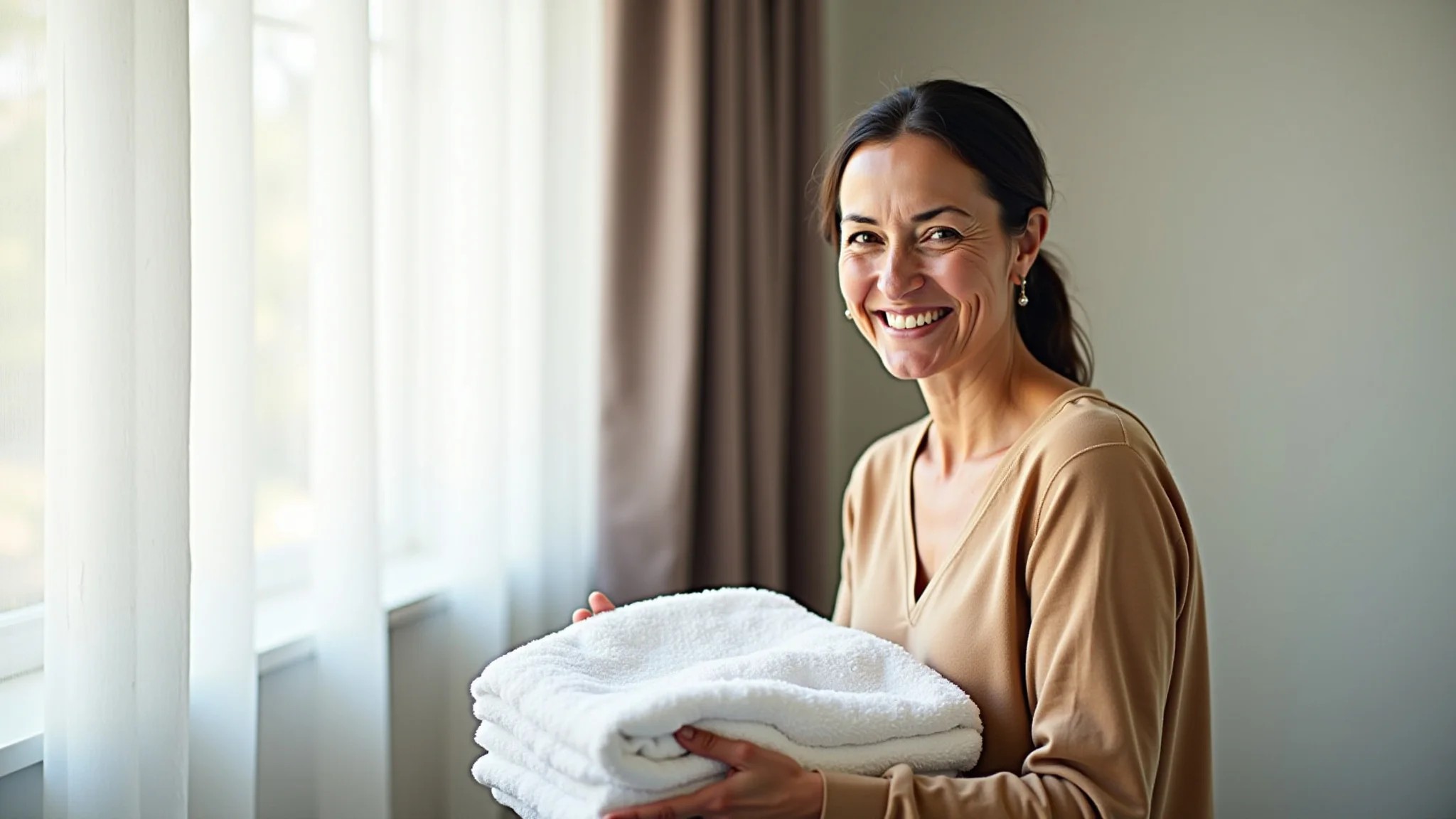 Mulher brasileira sorrindo enquanto dobra toalhas fofinhas recém-lavadas.