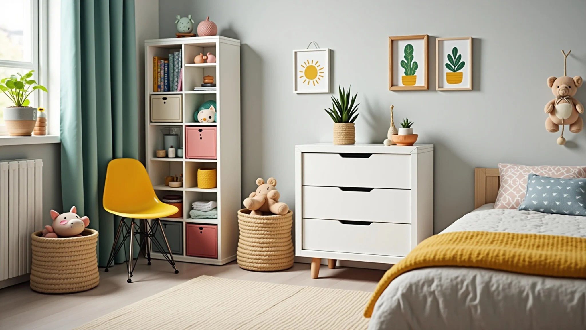 Quarto de bebê moderno com cômoda organizada, organizadores coloridos e design brasileiro.