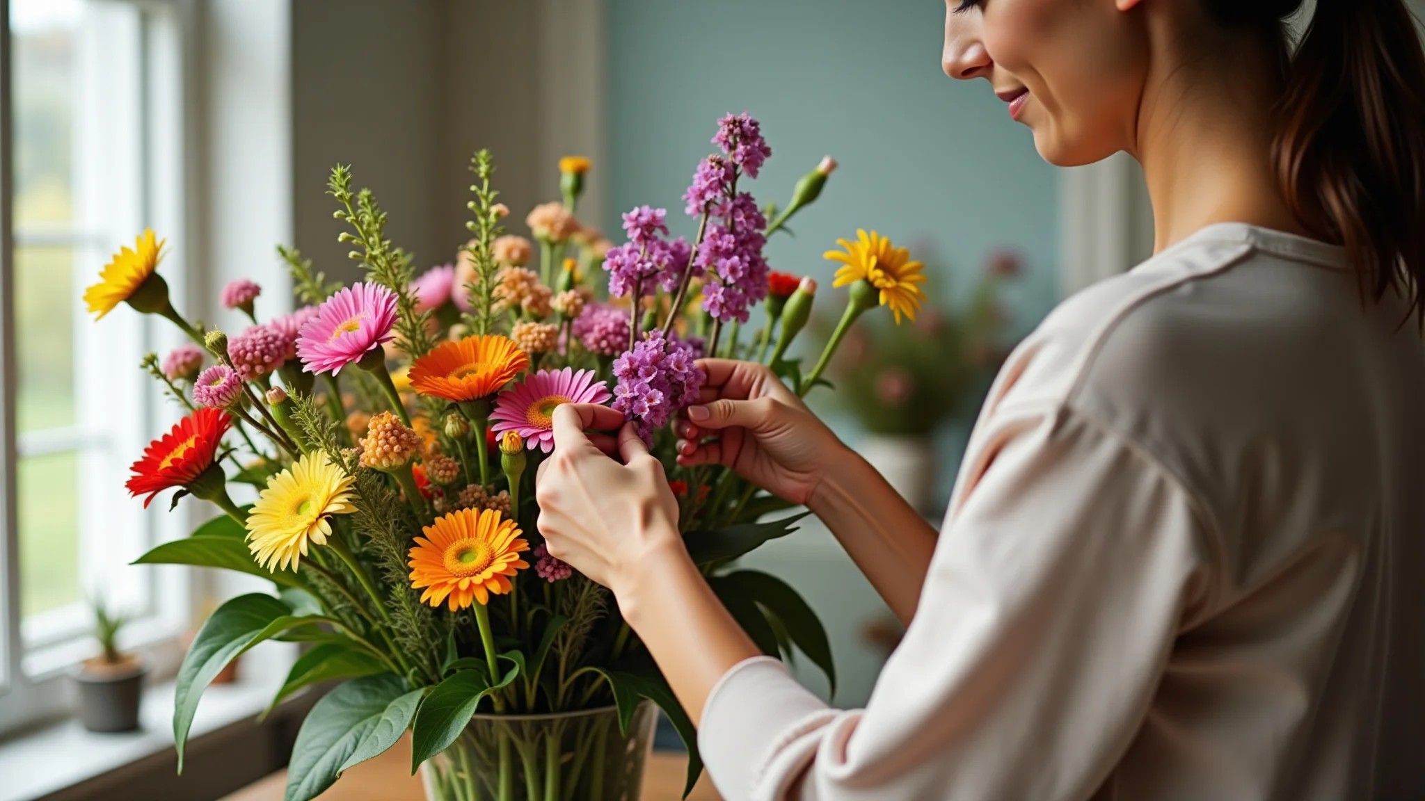 Mulher arrumando flores coloridas em vaso, decoração estilo Farm Rio.