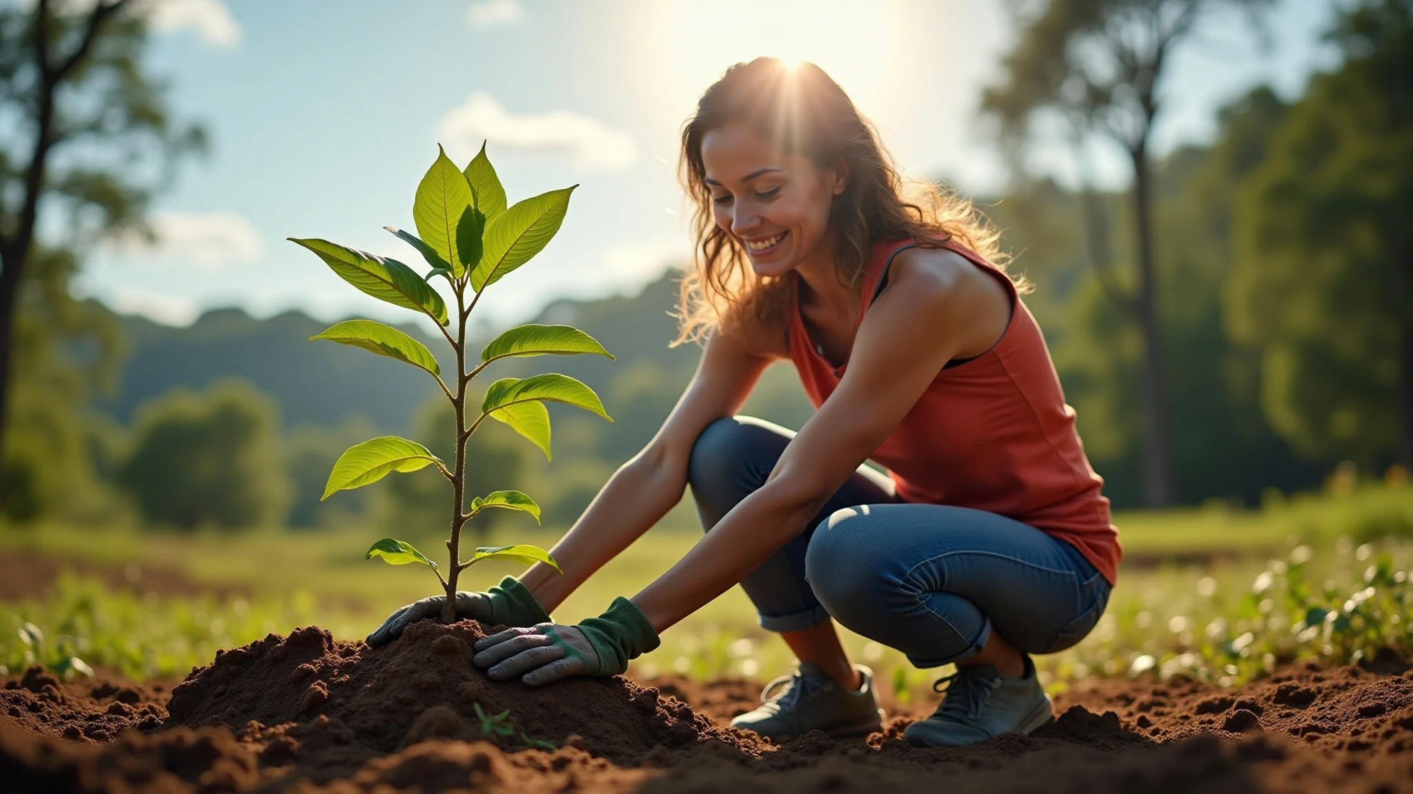 Mulher plantando muda de árvore em área desmatada, esperança e ação.
