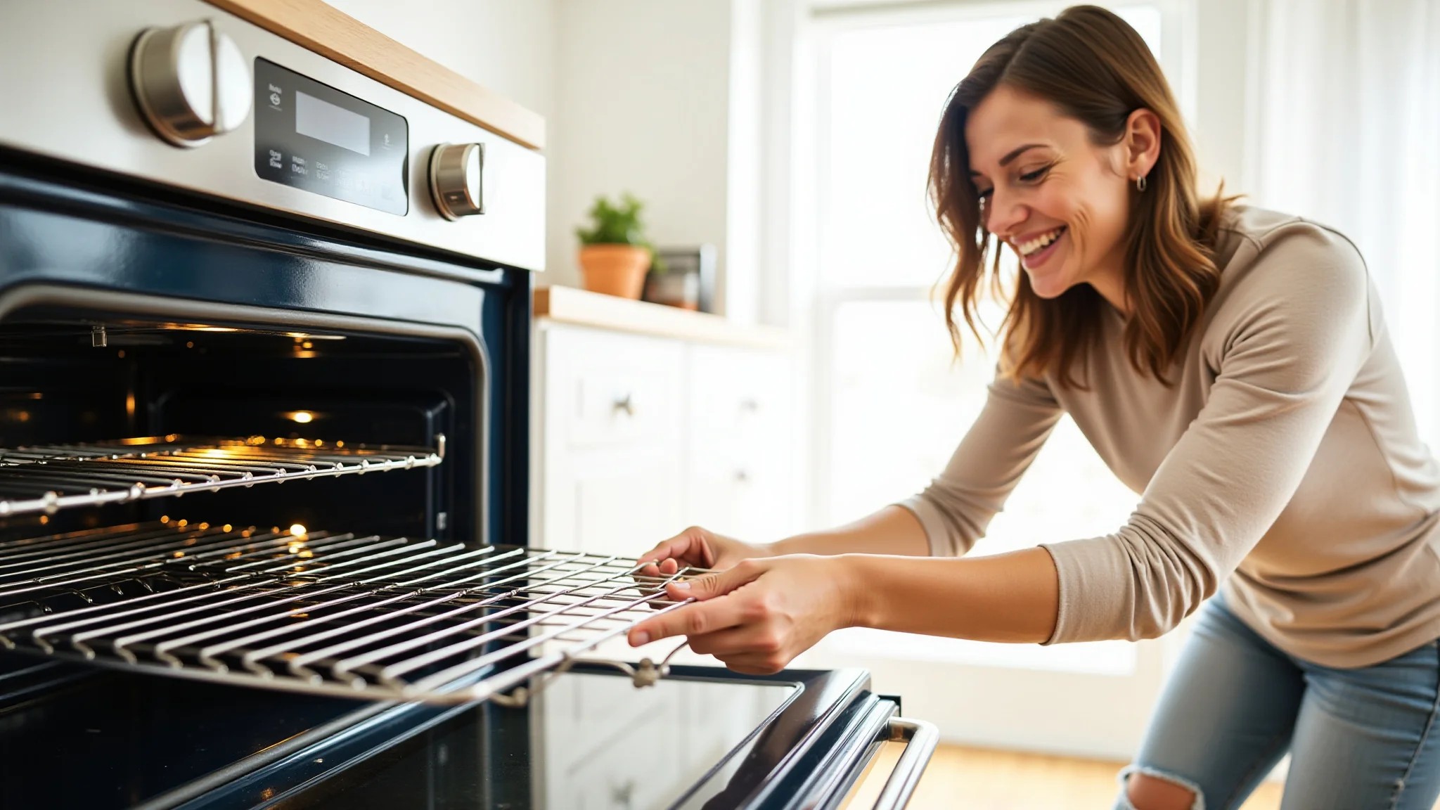 Mulher sorrindo, segurando grade limpa de forno, com forno elétrico brilhando ao fundo.