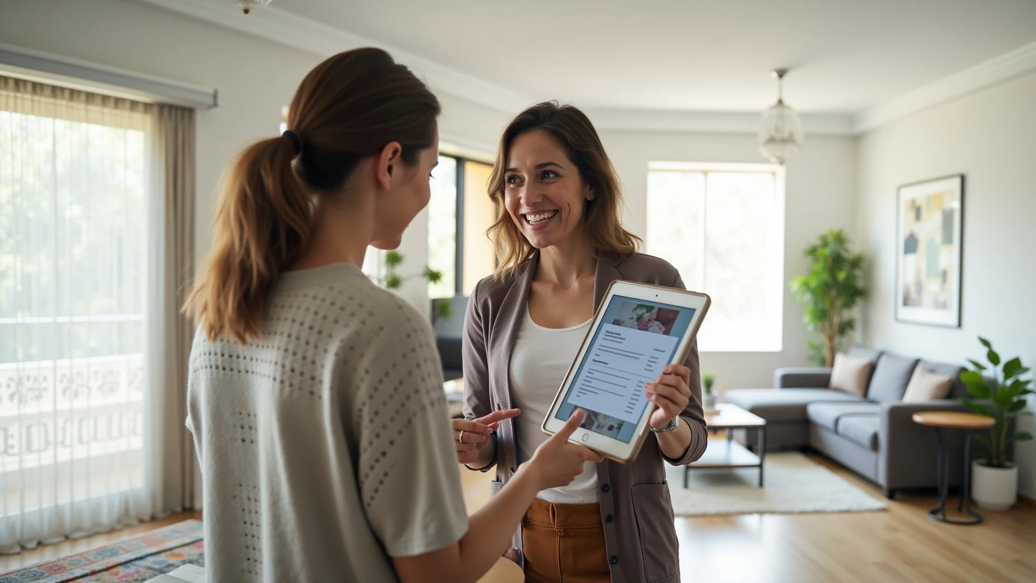 Mulher comparando orçamentos de reforma em tablet, apartamento moderno.