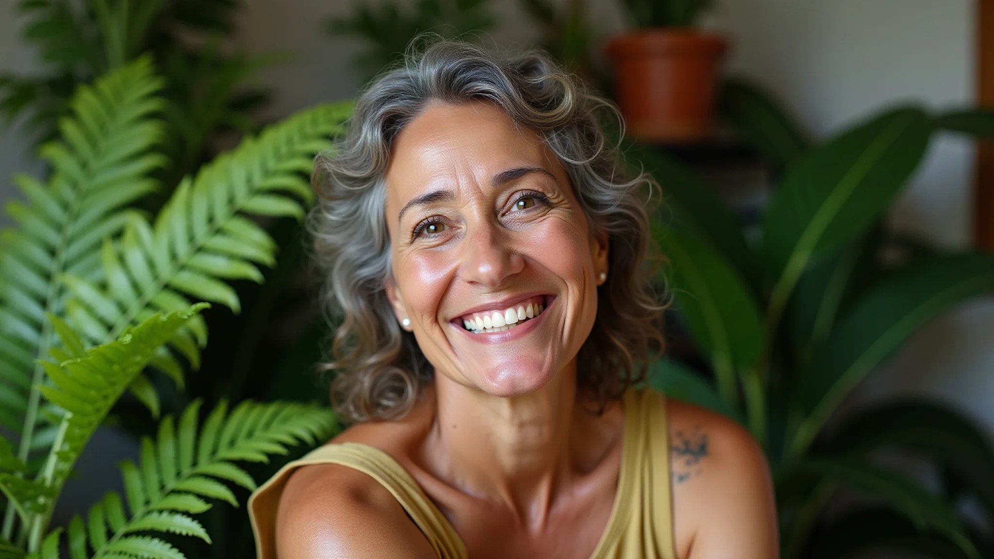 Mulher sorrindo cercada por samambaias exuberantes em casa brasileira.
