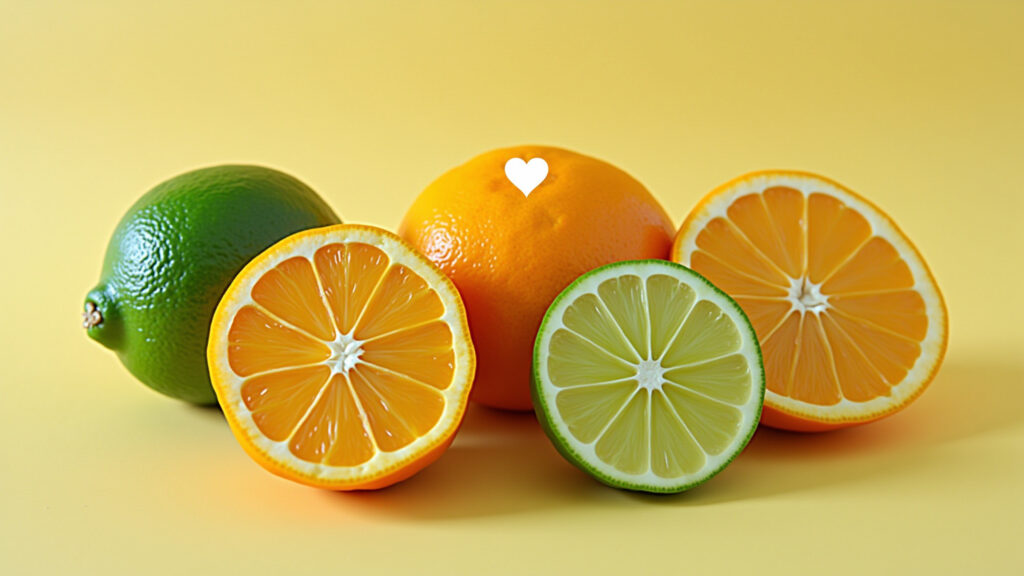 Lime oranges, heart illustration, healthy lifestyle, natural lighting, cardiovascular health, 8K Laranja lima protegendo o coração e a saúde cardiovascular.