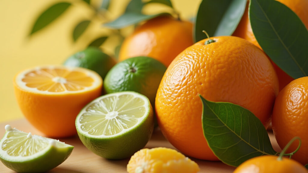 Lime oranges with digestive system illustration, natural lighting, healthy lifestyle, commercial Laranja lima auxiliando na digestão saudável.