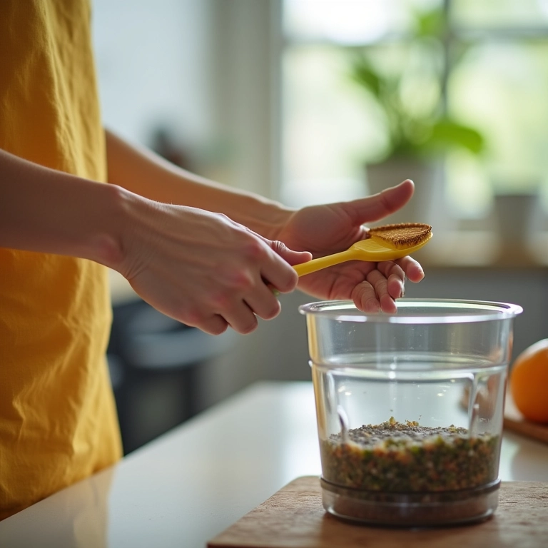 Limpando as lâminas do liquidificador com escova e segurança.