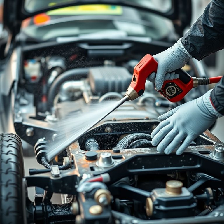 Limpeza profissional do chassi de um carro para prevenção de ferrugem.