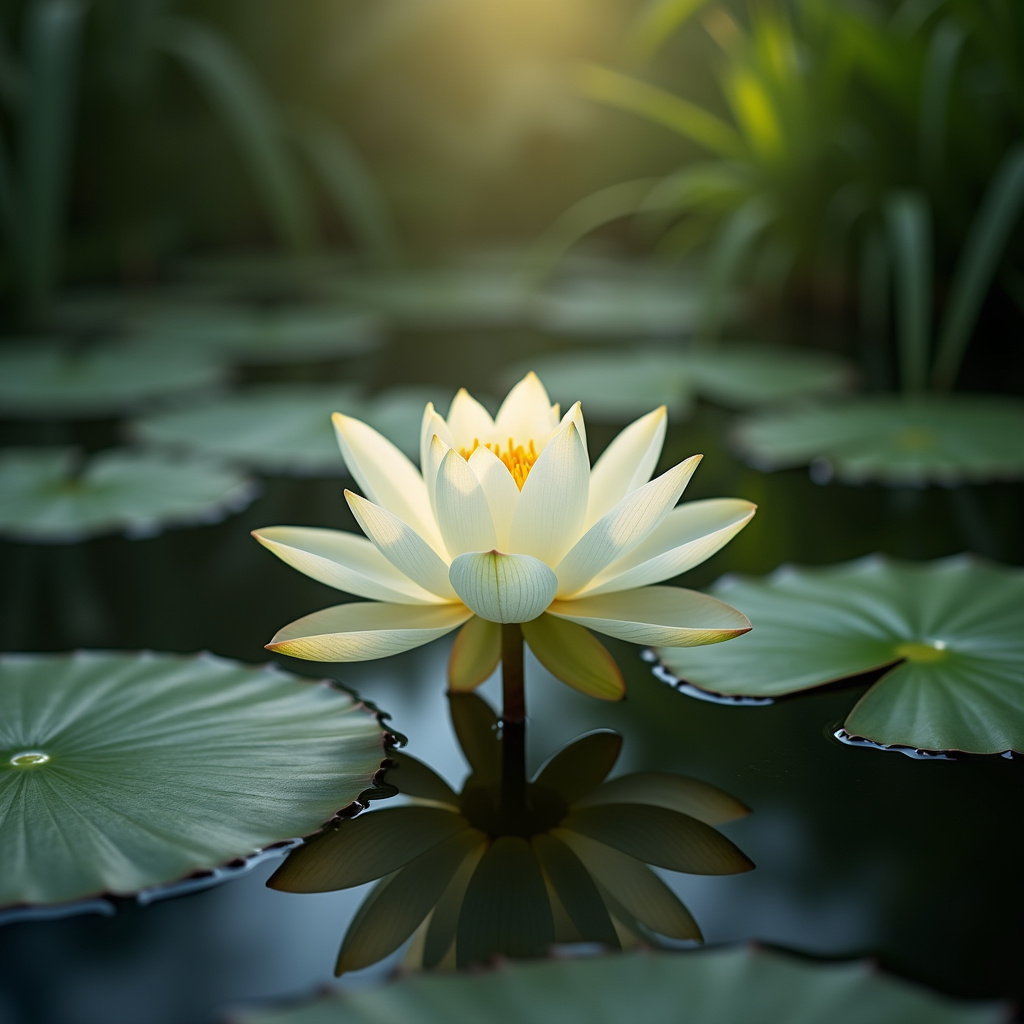 Lotus flower in a Brazilian pond, serene scene, professional photography, 8K quality, sharp focus, Flor de lótus atraindo iluminação espiritual e prosperidade.