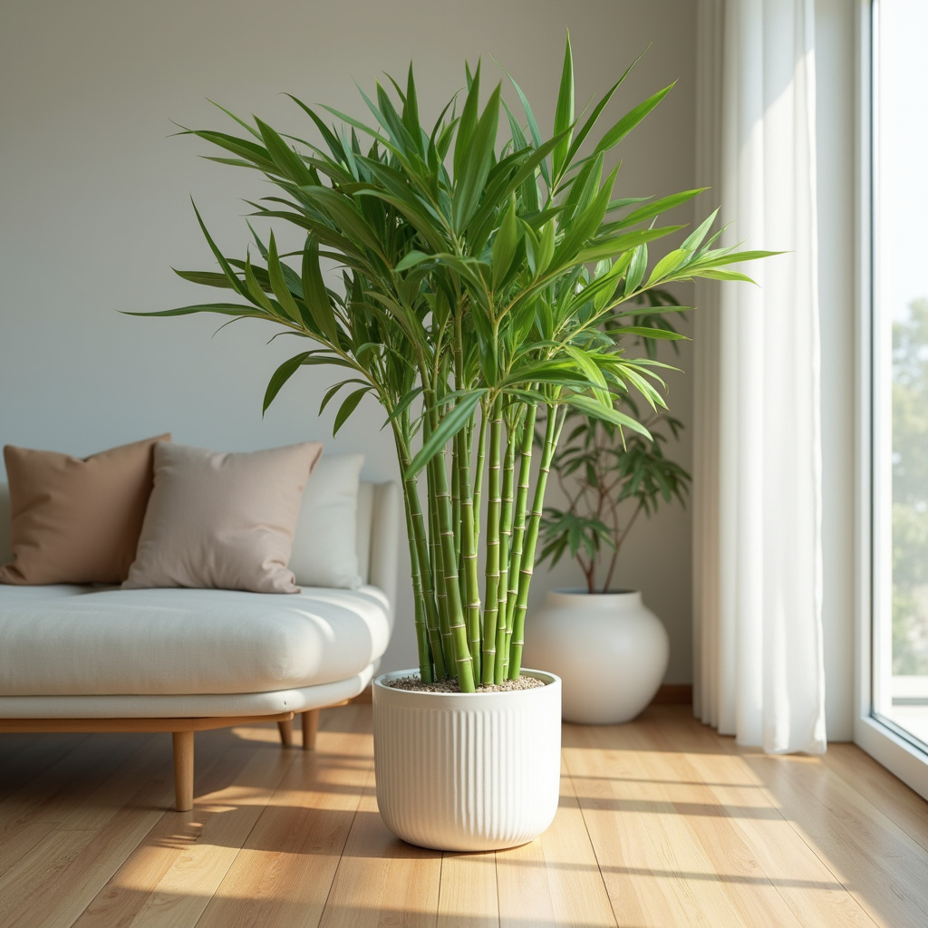 Lucky bamboo in a Brazilian home, minimalist decor, professional photography, 8K quality, sharp Bambu da sorte atraindo saúde, riqueza e felicidade para o lar.