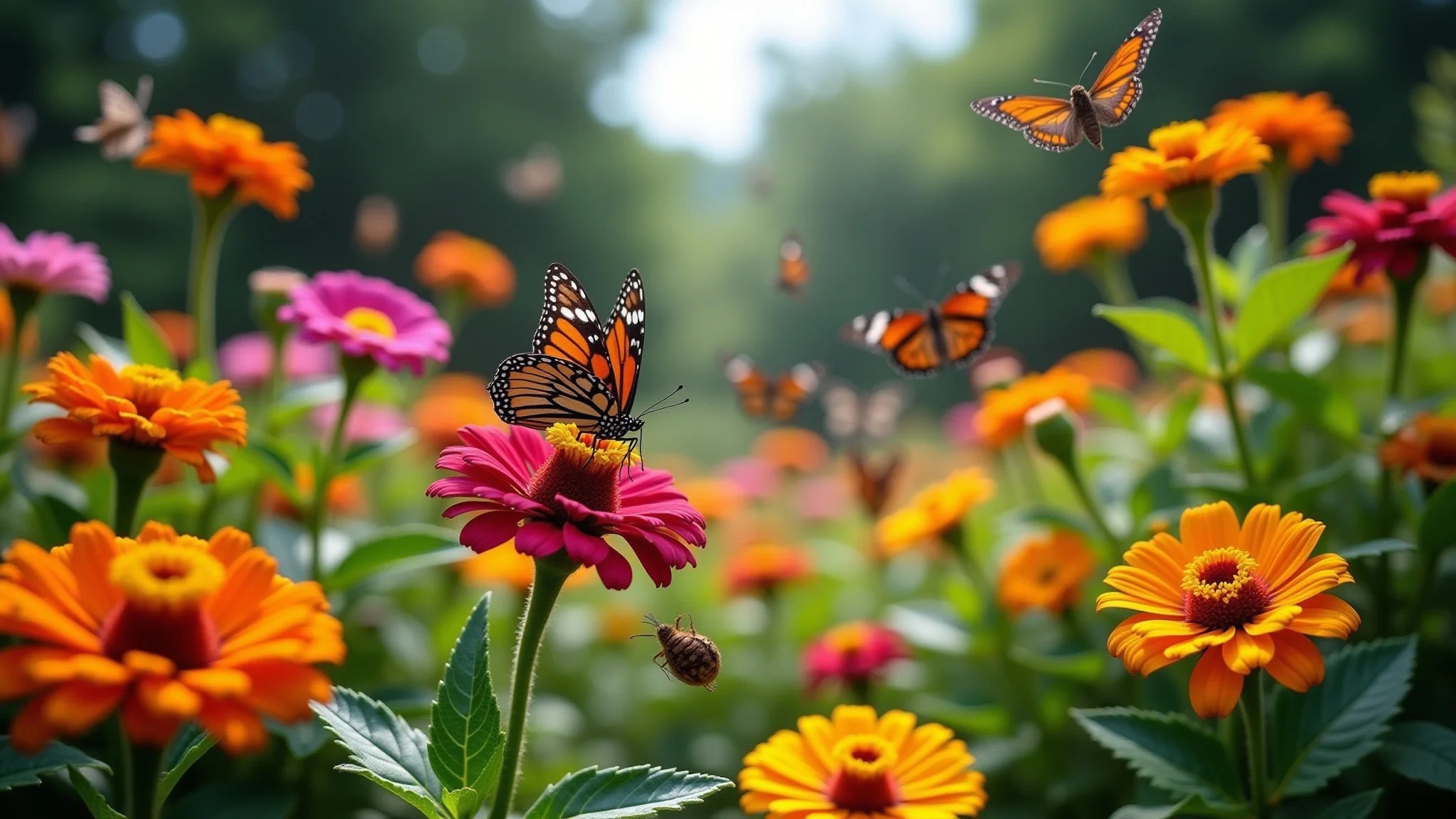 Jardim brasileiro exuberante com margaridas, zinnias e cosmos, atraindo diversas borboletas.