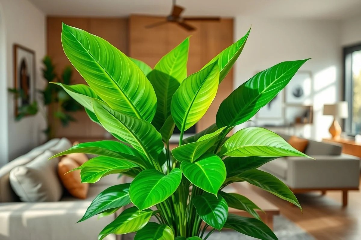 Zamioculca exuberante em sala de estar moderna brasileira.