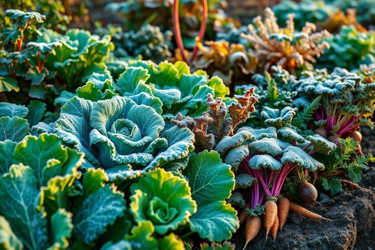 Horta de inverno no Brasil com vegetais frescos sob leve geada.