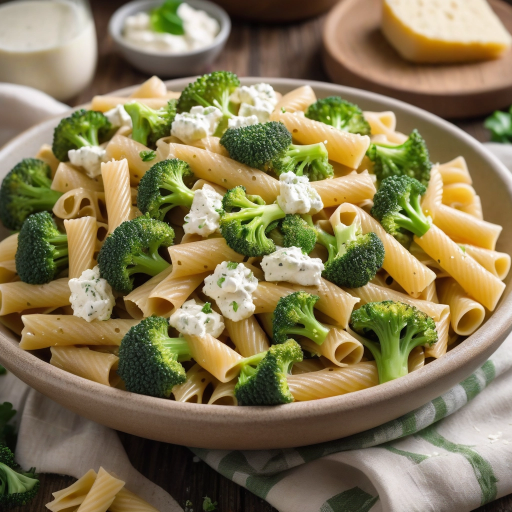 Macarrão integral com brócolis e ricota cremosa.