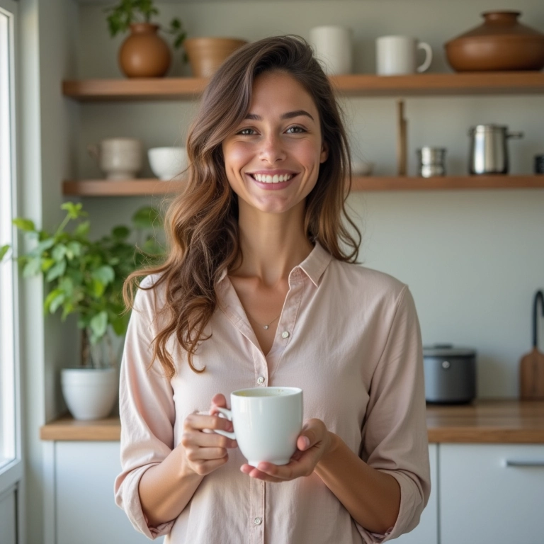 Mãe oferece chá de alcaçuz com sorriso tranquilizador.