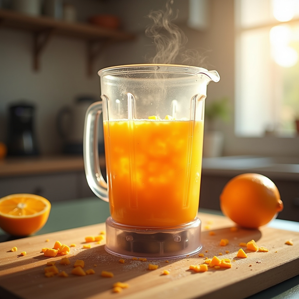 Making orange cake in a blender, bright kitchen, Brazilian sunlight, 8K quality, sharp focus, Bolo de laranja no liquidificador: receita prática.