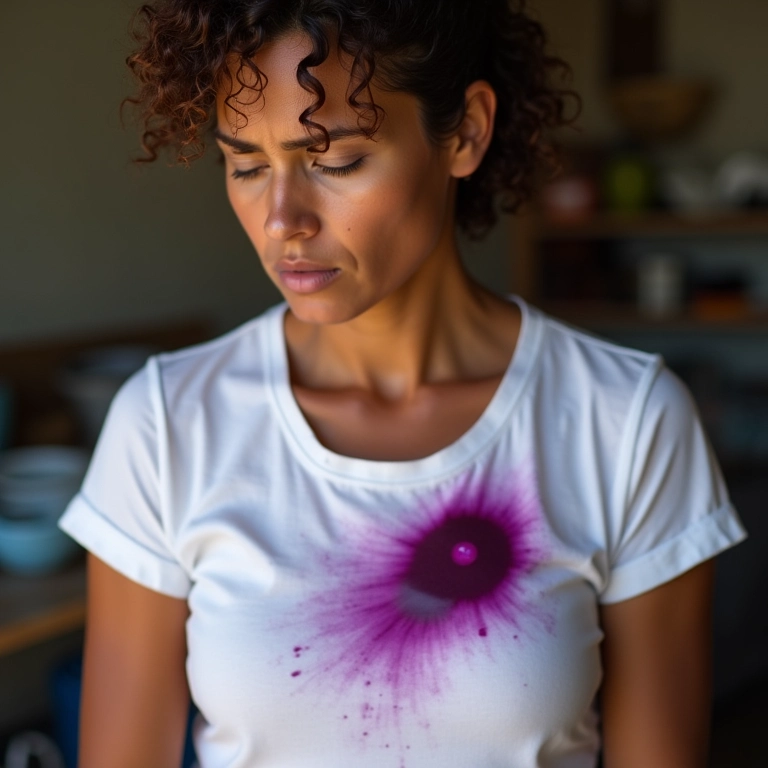 Mancha roxa de jabuticaba em camisa branca.