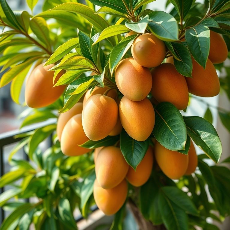 Mangueira carregada de mangas em um vaso, sob a luz do sol.