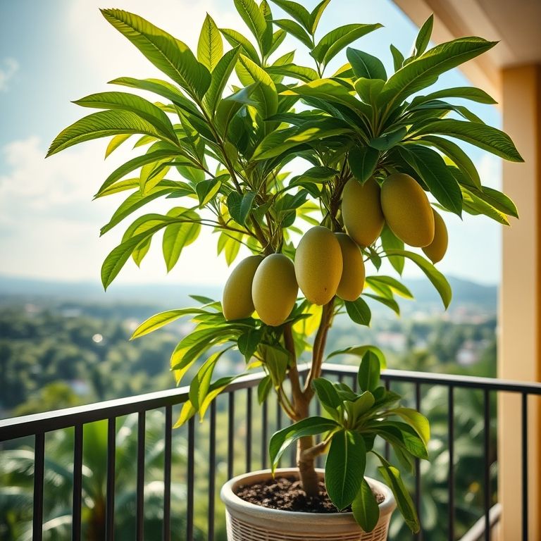 Mangueira em vaso recebendo sol em uma varanda ensolarada.