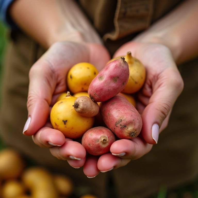 Mão segurando diferentes tipos de batata, com fundo vibrante em estilo Farm Rio.