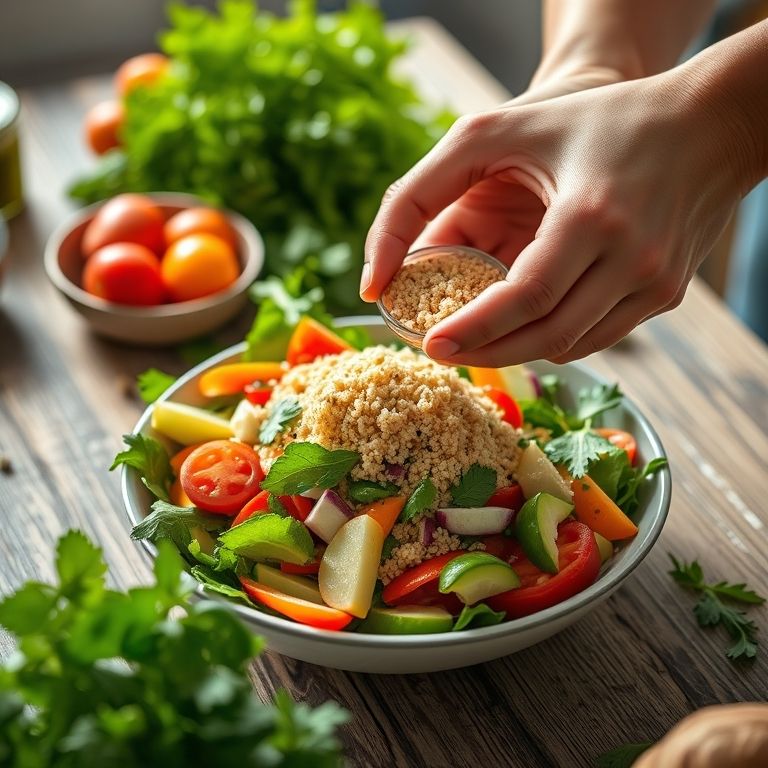 Mãos adicionando quinoa a ingredientes frescos para salada colorida.