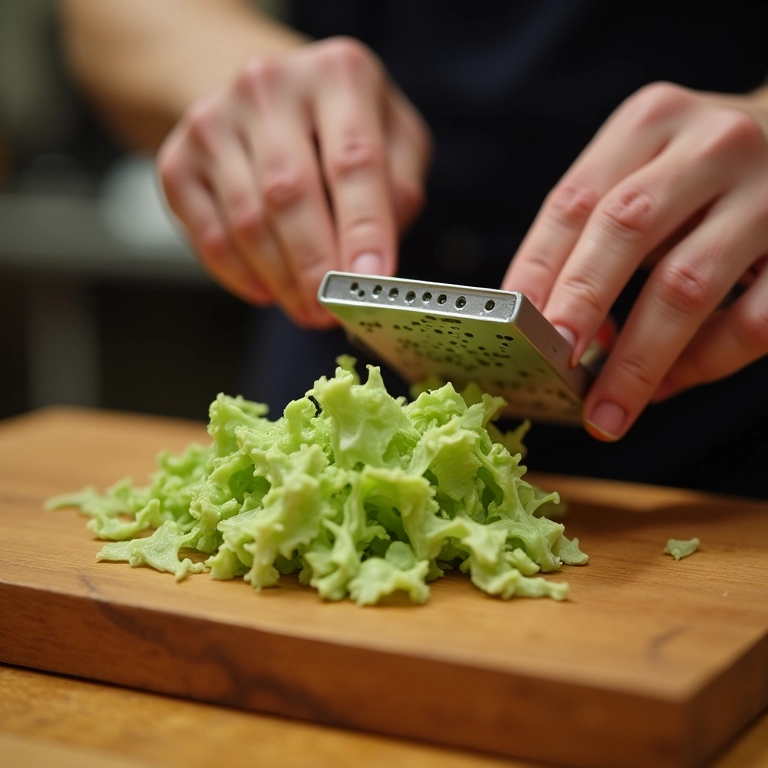 Mãos experientes ralando raiz de wasabi fresco, demonstrando o valor do ingrediente.